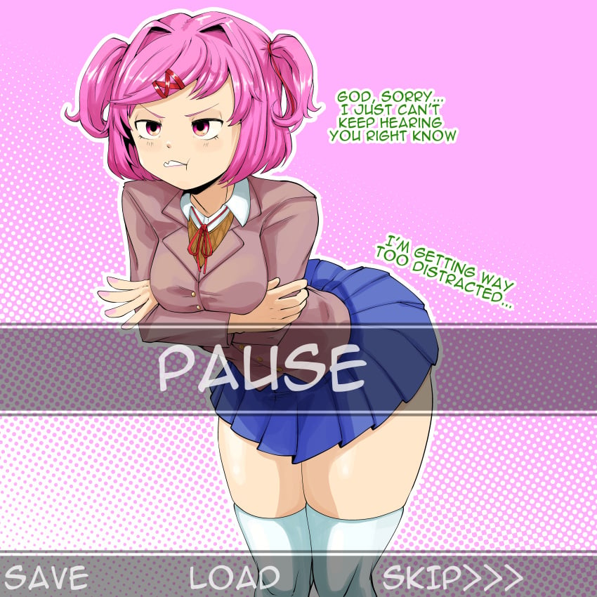 1futa 1girl 1girls box_chan dialogue doki_doki_literature_club futanari imminent_rape menu menu_screen monika_(doki_doki_literature_club) natsuki_(doki_doki_literature_club) offscreen_character pink_hair possible_rape school_uniform stockings tagme thick_thighs time_stop