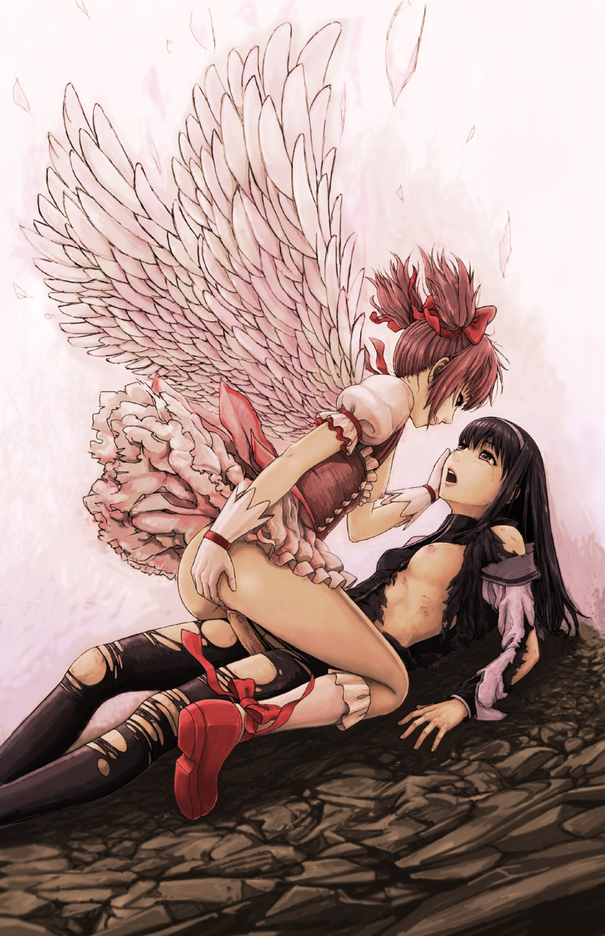 1futa 1girls akemi_homura angel_wings ass black_hair blush bow breasts breasts_out clothed_sex clothing comforting cowgirl_position cute dress dress_lift ereka eye_contact female_on_futa futa_on_female futa_with_female futanari gloves hair hair_ribbon hairband hand_on_another's_cheek highres intersex lips long_hair looking_at_another looking_down looking_up lying madoka_kaname magical_girl mahou_shoujo_madoka_magica multiple_girls nipples no_panties on_back on_floor open_mouth pantyhose penis pink_hair purple_eyes ribbon romantic romantic_sex sex short_hair short_twintails skirt skirt_lift small_breasts spread_ass straddle tear tied_hair torn_clothing torn_pantyhose twintails vaginal_penetration wings