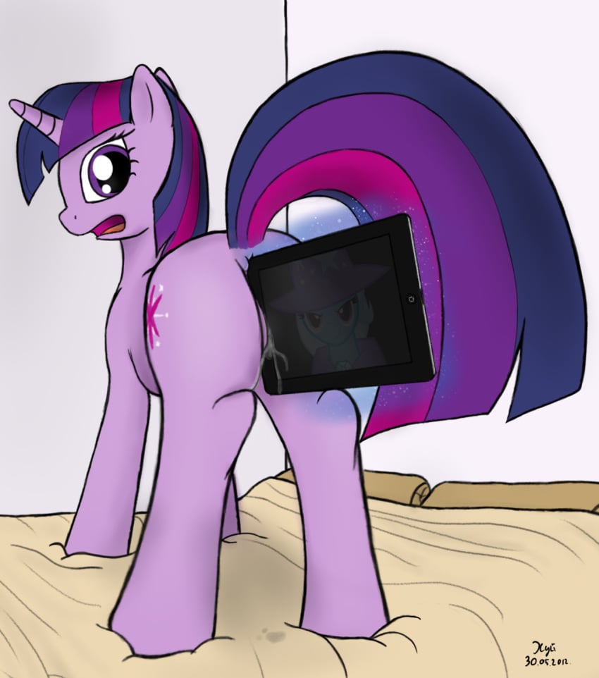 2012 anus ass bed blue_hair cape cutie_mark equine female friendship_is_magic hair hat horn horse ipad long_hair looking_back magic multicolored_hair my_little_pony open_mouth pillow pony purple_eyes purple_hair pussy pussy_juice sex smile straight_hair trixie_(mlp) twilight_sparkle_(mlp) unicorn what xyi