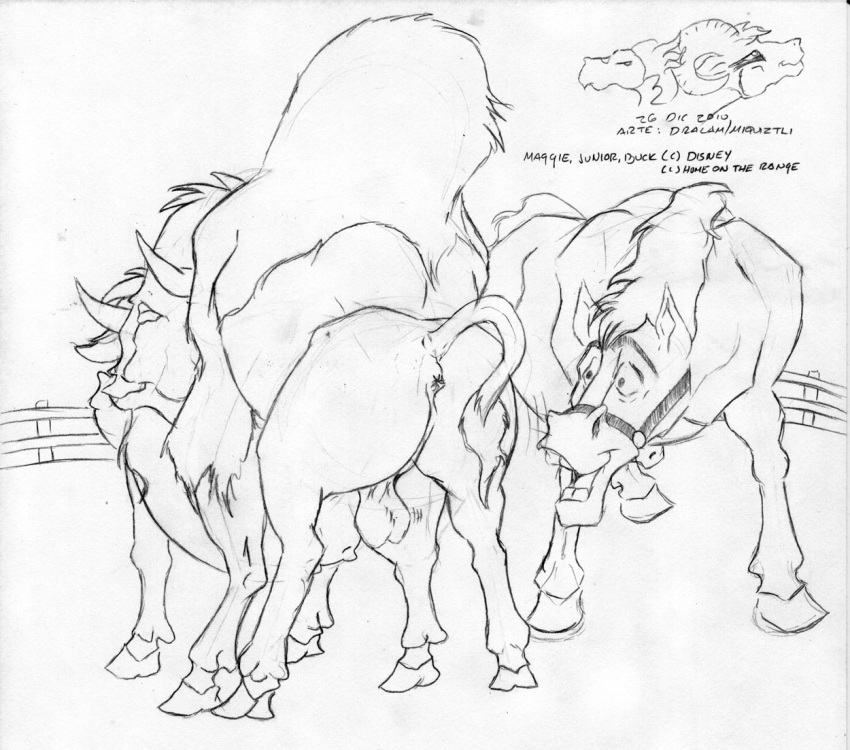 2010 bovine buck_(home_on_the_range) buffalo disney doggy_style dralam equine feral feral_on_feral home_on_the_range horse junior_(home_on_the_range) maggie_(home_on_the_range) mammal monochrome sex testicles