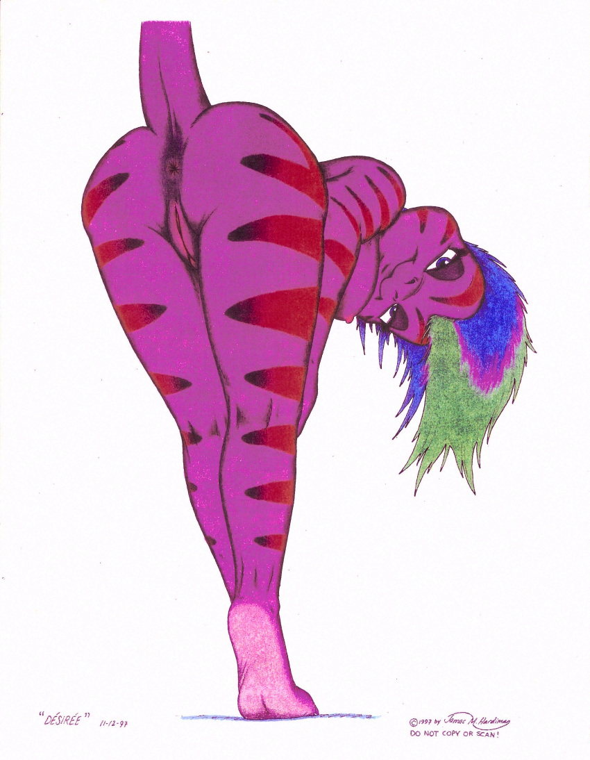 1990s 1997 20th_century anthro anus ass breasts desiree_(jmh) female hindpaw james_m_hardiman lizard looking_at_viewer mooning nude paws plump_labia presenting presenting_hindquarters pussy raised_tail scalie solo