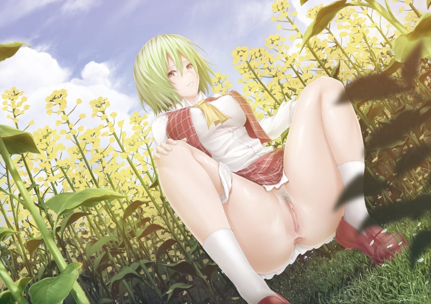 1girls anus ascot blue_sky breasts cloud female flower_field green_hair large_breasts open_vest panties panties_around_leg panties_around_one_leg pubic_hair pussy red_eyes shirt short_hair skirt skirt_lift sky solo spread_legs squatting tamamono_atae touhou uncensored underwear youkai yuka_kazami