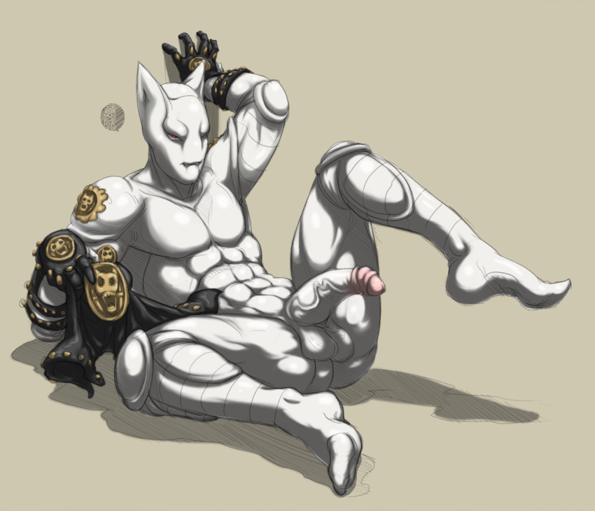 1boy abs anthro anus ass balls belt color diamond_is_unbreakable feline fur furry fydbac gear glove hindpaw jojo's_bizarre_adventure killer_queen looking_at_viewer male male_only muscles pads paws pen penis sketch solo stand_(jjba) standing stiff undressing yellowpower