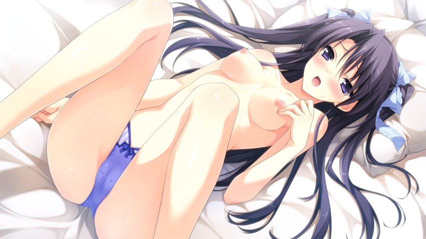 bed berry's black_hair blush bra bra_removed cameltoe game_cg hair_ribbon hair_spread_out half_updo legs_apart long_hair lying morikubo_yuna nanase_aoi on_back open_mouth panties purple_eyes purple_panties ribbon striped striped_panties topless underwear