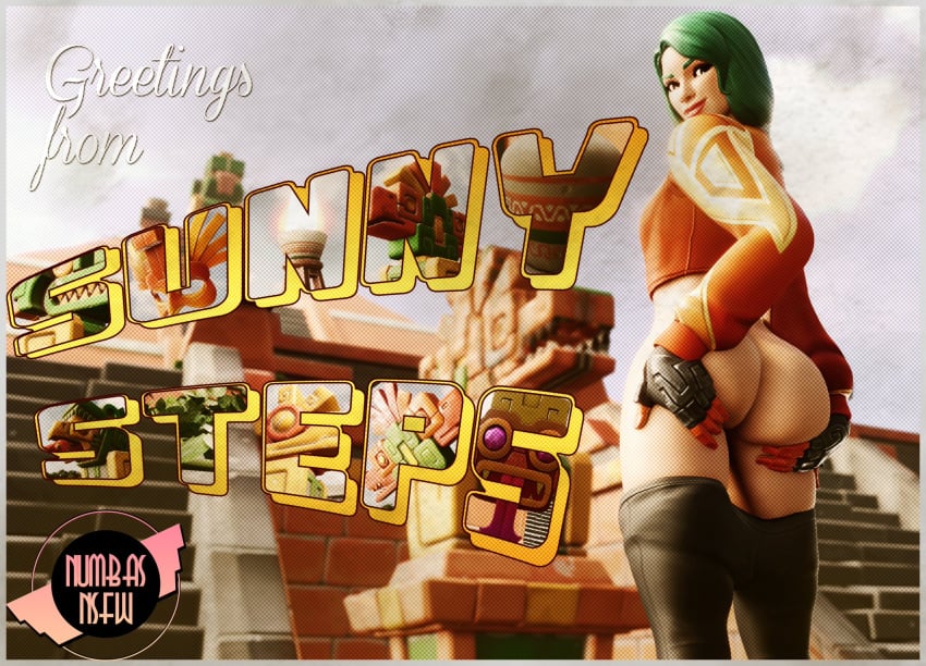 1girls 3d 3d_(artwork) ass ass_focus back_view big_ass bottomless bottomless_female cropped_jacket english_text fingerless_gloves fortnite from_behind grabbing grabbing_ass grabbing_own_ass green_hair greeting_card looking_at_viewer looking_back looking_back_at_viewer mezmer numbasnsfw outdoors overcast pants pants_down rear_view solo south_america sunbird sweater thenumbersdon'tlie thigh_boots viewed_from_behind