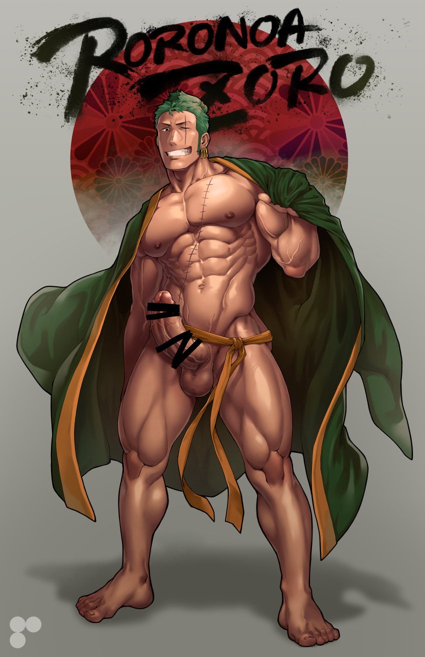 1boy 8_degrees balls bar_censor bara bara_tits barazoku big_balls big_penis censor_bar censored censored_genitalia censored_penis completely_nude completely_nude_male erection gay green_hair hard_on looking_at_viewer male male_focus male_nipples male_only manly muscular_male nipples nude one_piece penis roronoa_zoro scar solo solo_male yaoi