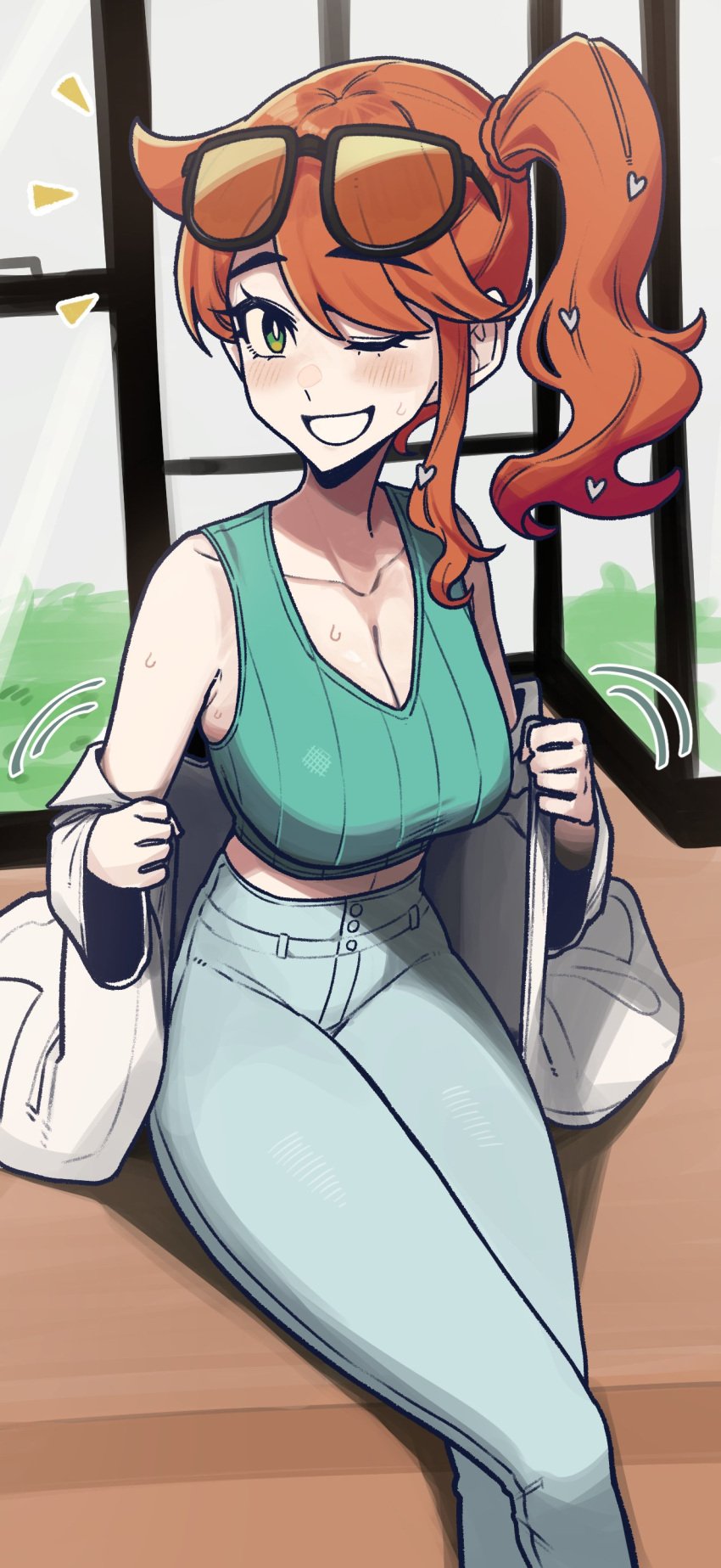 bangs bare_shoulders cleavage eyebrows eyelashes glasses glasses_on_head green_eyes grin hair jeans large_breasts midriff orange_hair pants pokemon pokemon_ss ponytail powtaytow3333 side_ponytail sitting skinny_jeans smile sonia_(pokemon) sunglasses sunglasses_on_head