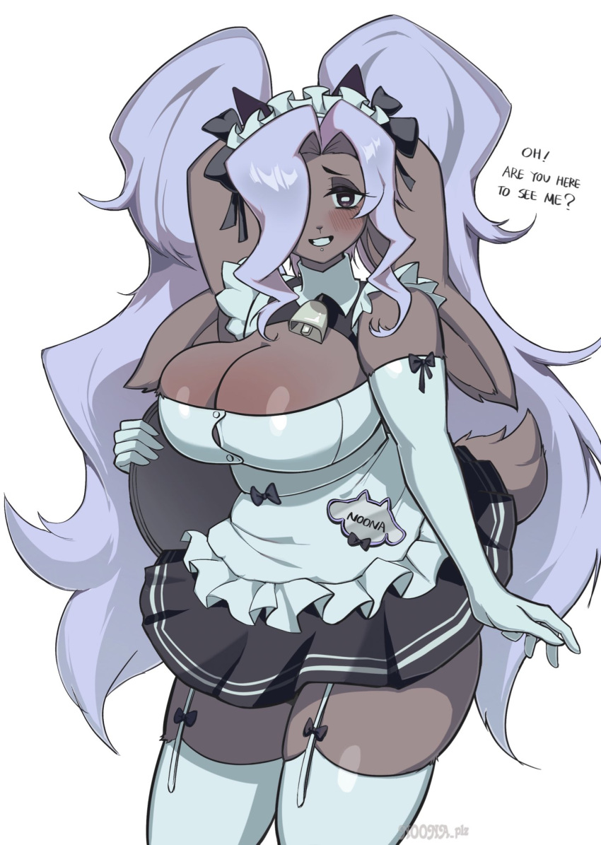 1girls 2024 big_breasts big_hair blush breasts brown_body brown_fur caprine cowbell english_text eyelashes female female_only furry furry_only garter_straps gloves goat goat_ears goat_girl goat_tail grey_eyes horizontal_pupils huge_breasts legwear lilac_hair long_hair maid maid_uniform mouth_piercing noona_(noona_plz) noona_plz one_eye_obstructed shoulder_gloves signature silver_clothing silver_hair silver_legwear simple_background skirt stockings tail teeth twintails