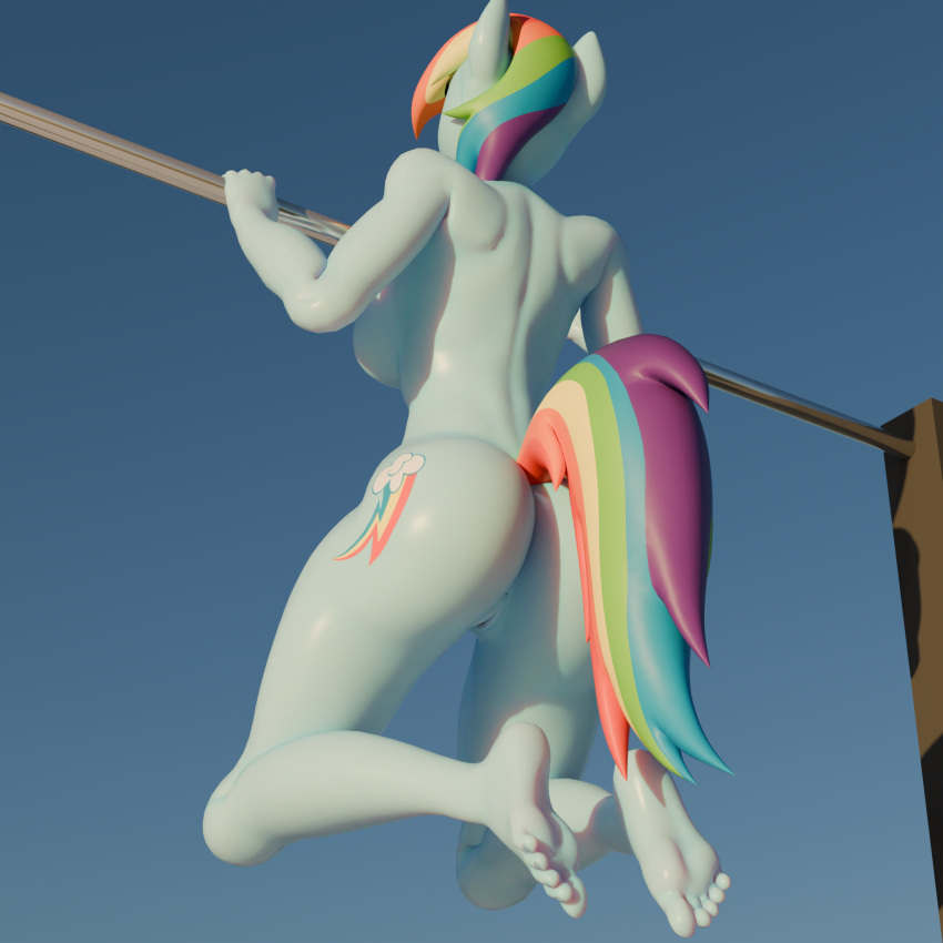 1:1 3d 3d_(artwork) anthro anus ass bamb00 bent_legs blue_body bodily_fluids digital_media_(artwork) equid equine feet female friendship_is_magic genitals hasbro hi_res horse mammal my_little_pony pony pussy rainbow_dash_(mlp) rear_view soles solo sport sweat tail toes