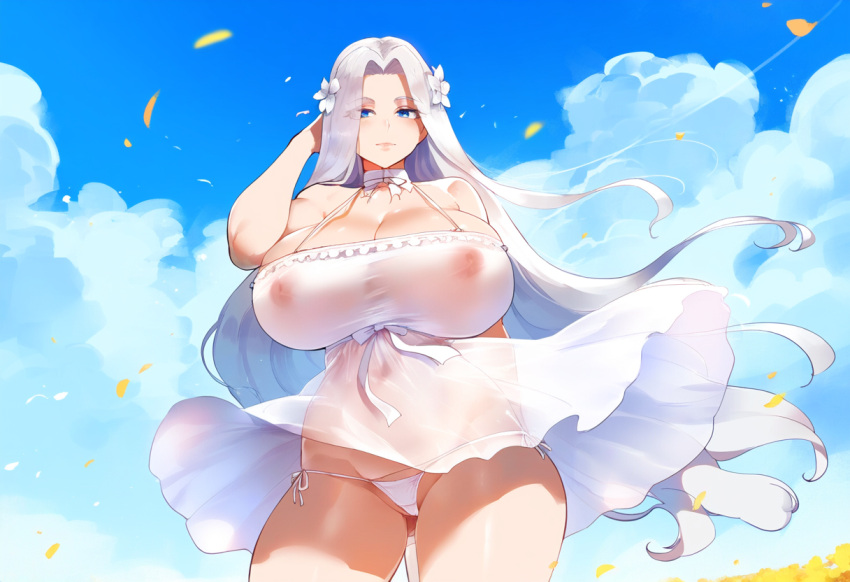 ai_generated azur_lane blue_eyes breasts_bigger_than_head henrik_n huge_breasts light-skinned_female looking_at_viewer massive_breasts nipple_bulge nipples_visible_through_clothing novelai see-through see-through_dress showing_off thiccwithaq_(ai_style) thick_thighs white_hair white_leotard wide_hips wind_lift yorktown_(azur_lane)