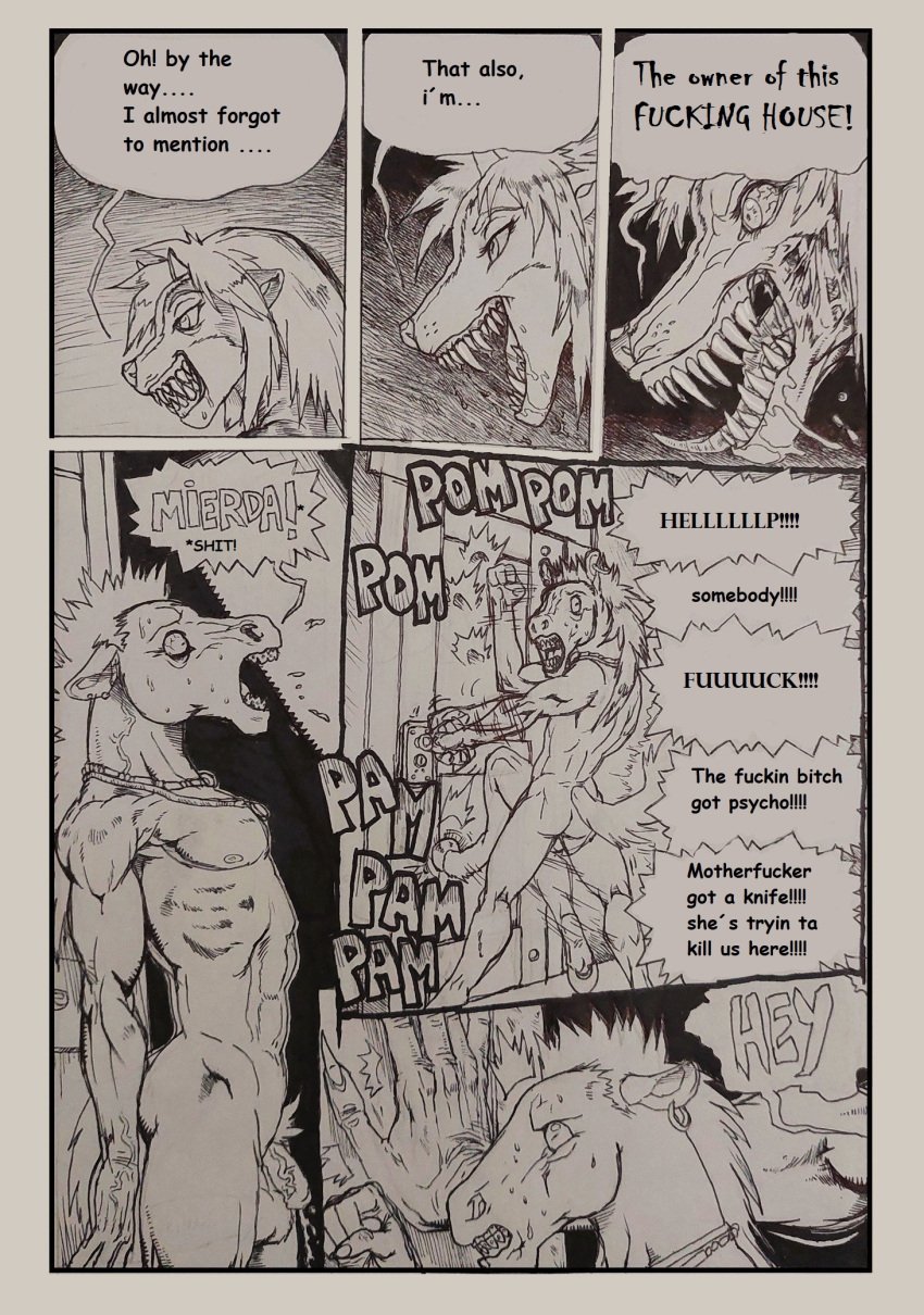 5_fingers anthro balls biped bodily_fluids claws comic dialogue door duo english_text equid equine fangs fear female fingers flaccid genital_fluids genitals hair hi_res hooves horn horse male mammal mariano mephitid monochrome multiple_scenes open_mouth paco_(mariano) peeing peeing_self penis scared scared_expression sharp_teeth skunk solo sonya_(keyblademark) spanish_text speech_bubble tail teeth text tongue tongue_out traditional_media_(artwork) urine vein veiny_penis