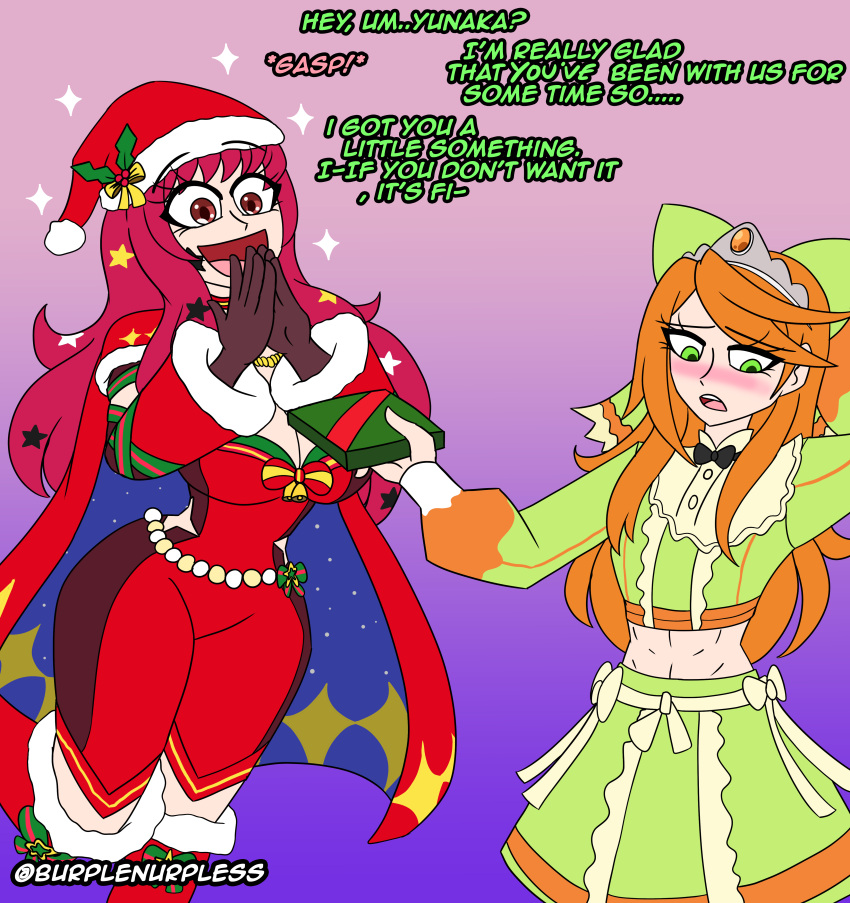 2girls alternate_costume assertive assertive_female blush bodysuit breasts burplenurpless cape christmas_tree cleavage embarrassed english_text etie_(fire_emblem) facial_tattoo female female_only fire_emblem fire_emblem_engage fire_emblem_heroes gift gloves hair_ornament happy hat hourglass_figure large_breasts leg_up long_hair long_sleeves looking_away nintendo official_alternate_costume open_mouth orange_hair pink_hair red_eyes red_hair santa_hat small_breasts smile star star_(symbol) tattoo text very_long_hair wide_hips yunaka_(fire_emblem) yunaka_(fire_emblem)_(spirited_envoy) yuri