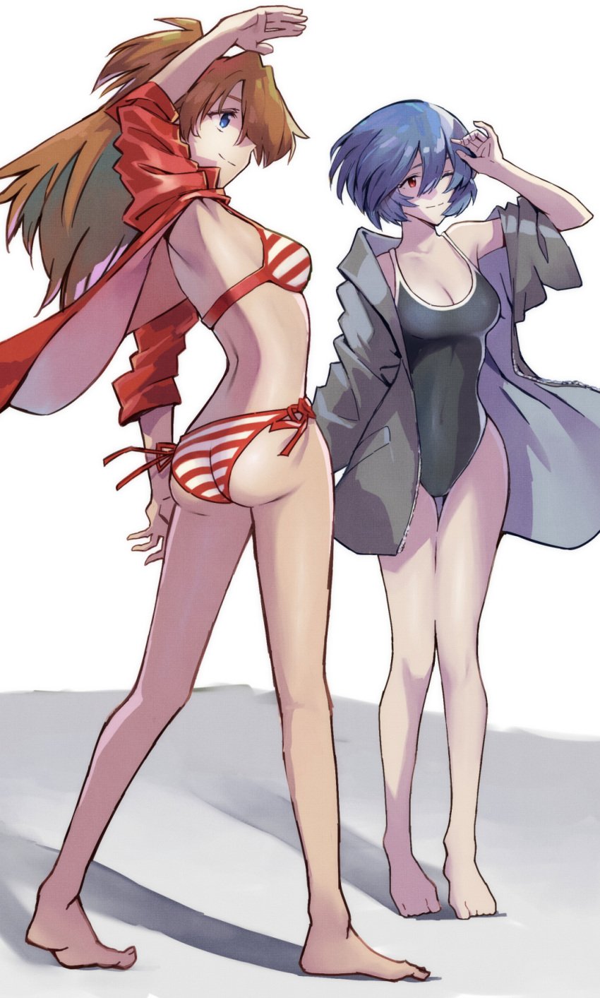 2girls ass asuka_langley_sohryu ayanami_rei bikini blue_eyes blue_hair breasts brown_hair cleavage closed_mouth hair_between_eyes highres jacket legs long_hair medium_breasts multiple_girls neon_genesis_evangelion one-piece_swimsuit open_clothes open_jacket red_eyes rei_ayanami short_hair simple_background smile souryuu_asuka_langley string_bikini striped_bikini striped_clothes swimsuit thighs white_background yagisawa_teru