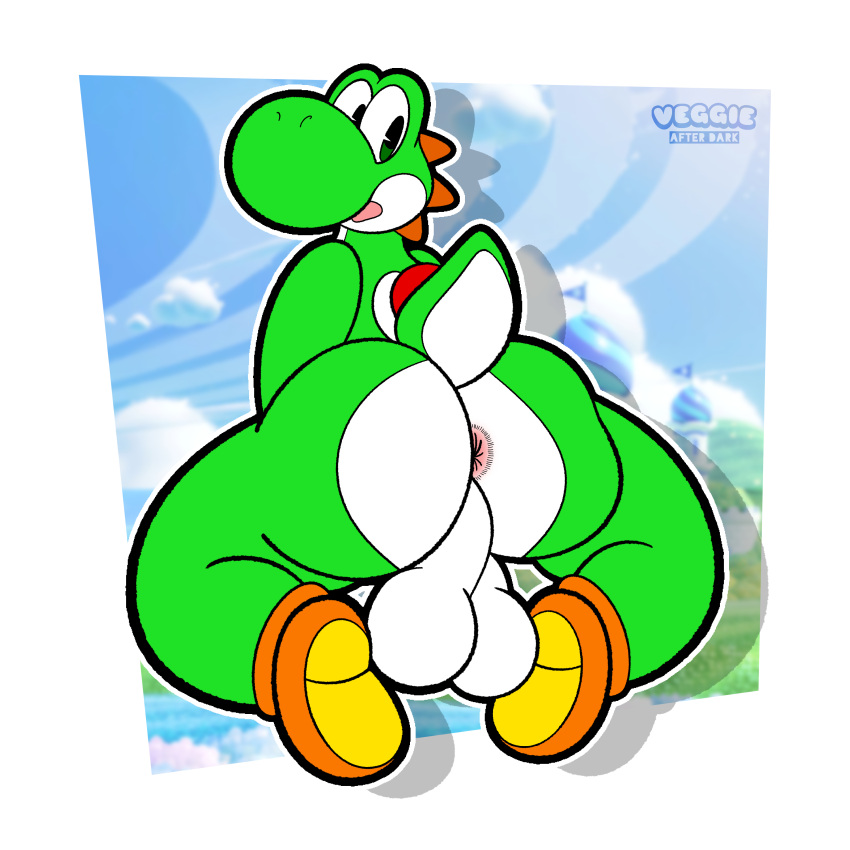 1:1 absurd_res anthro anthro_only anus ass backsack balls big_balls big_butt clothing dinosaur footwear footwear_only genitals green_body green_scales green_yoshi hi_res kneeling looking_back male mario_(series) mostly_nude nintendo open_mouth pink_anus raised_tail reptile scales scalie shoes shoes_only solo super_mario_bros._wonder tail thick_thighs veggieafterdark white_body white_scales wide_hips yoshi yoshi_(character)