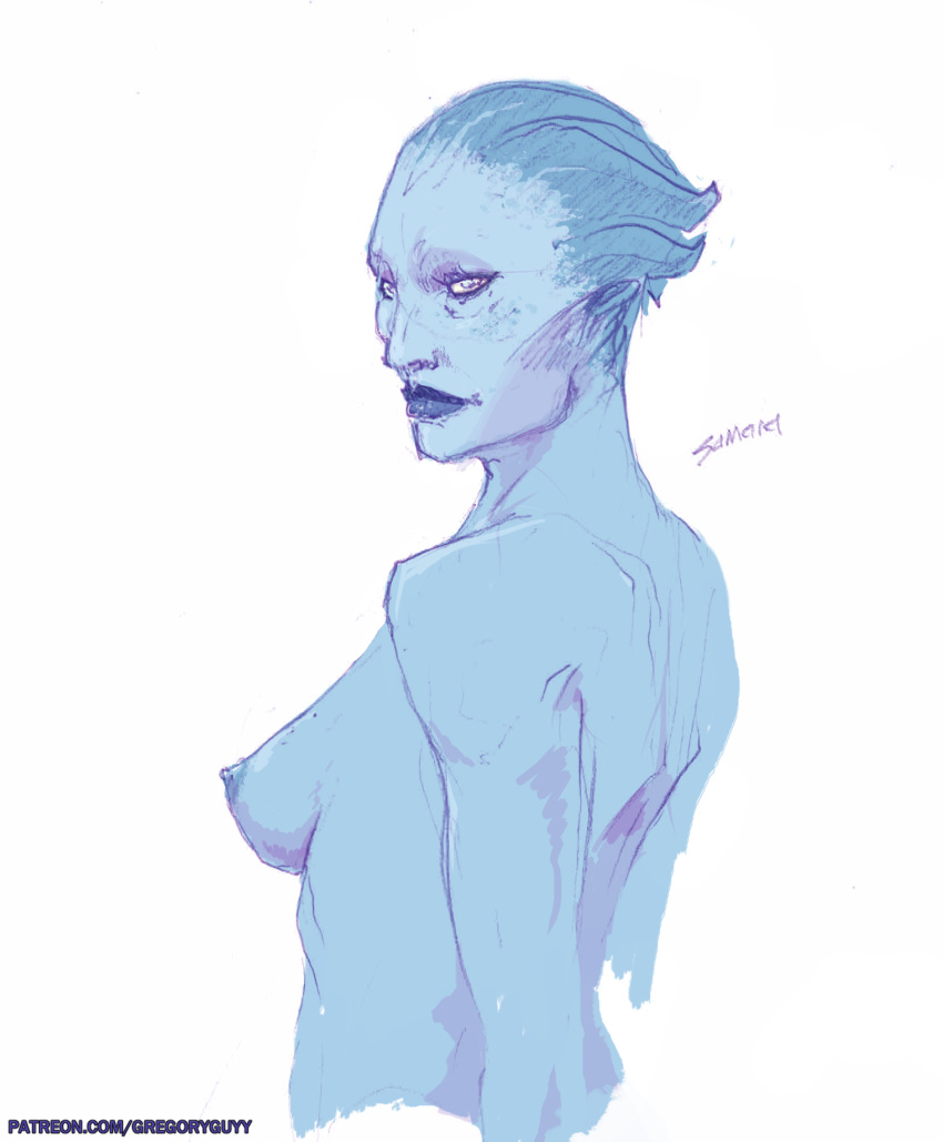 1girls 2d 2d_(artwork) alien alien_girl artist_name asari blue-skinned_female blue_body blue_skin breasts bust color drawing drawn female female_only gregoryguyy looking_at_viewer looking_over_shoulder mass_effect mass_effect_2 mature mature_female milf nipple nude nude_female patreon_username samara self_upload solo