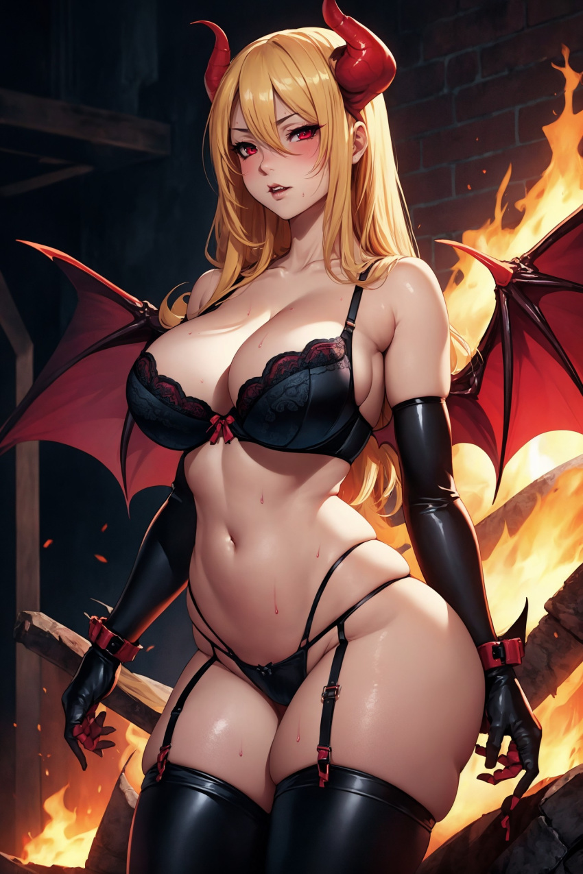 1girls 1monster ai_generated big_breasts demon demon_girl demon_horns demon_wings fire garter_straps jinzo1993 long_hair looking_at_viewer red_eyes thick_thighs thighhighs