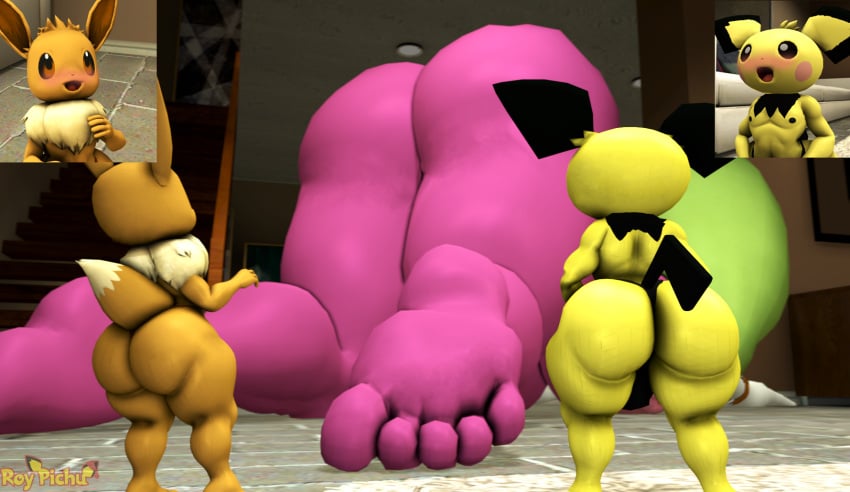 anthro ass bent_over big_butt blush dr.ivopingasnik eevee feet female generation_1_pokemon generation_2_pokemon generation_7_pokemon group growing growth hi_res humanoid macro male nintendo pichu pokemon pokemon_(species) roythepichu size_difference steenee trio