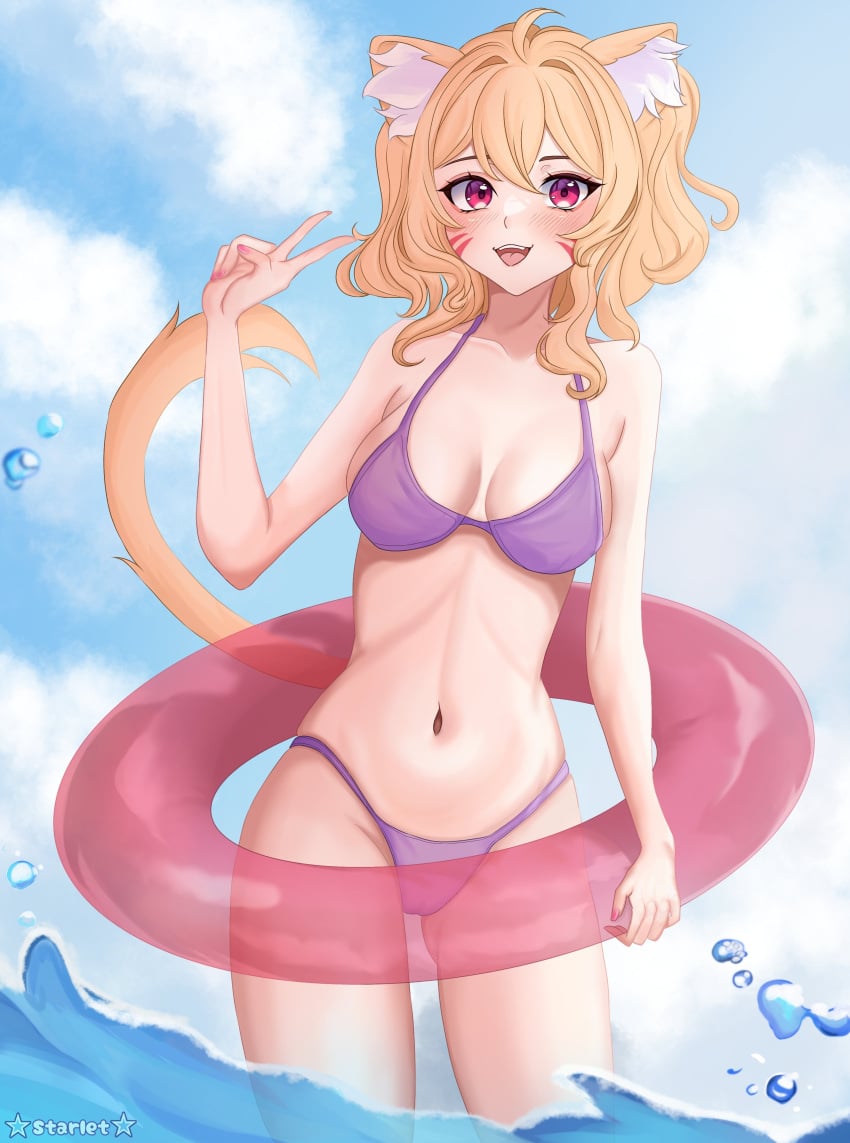 1girls bikini blonde_hair breasts cat_ears cat_tail catgirl face_markings female_only innertube outdoors partially_submerged red_eyes solo squchan_(vtuber) standing v virtual_youtuber vyugen water