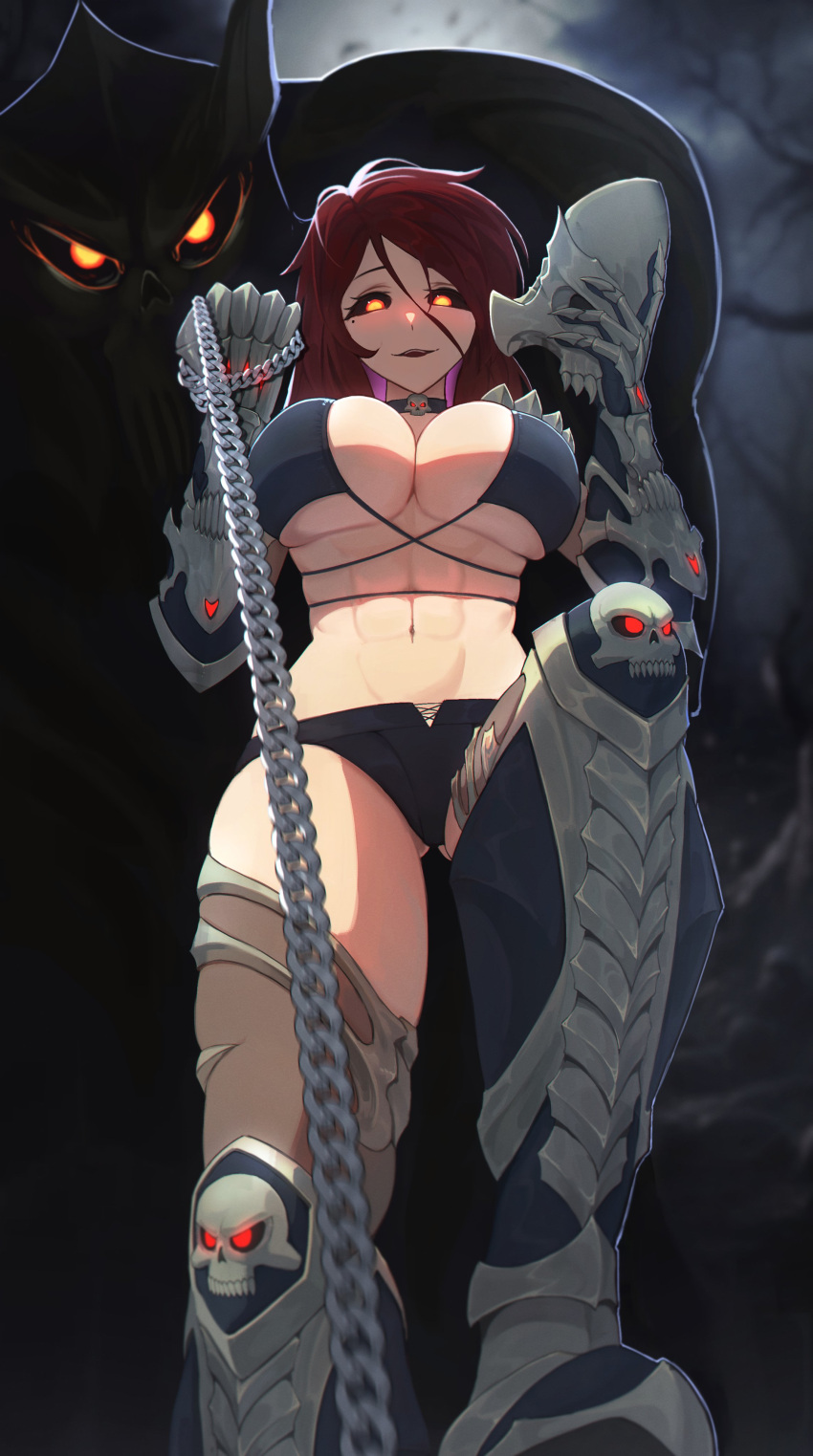 1boy 1girls abs adventurequest_worlds aqw aqworlds armor artix_entertainment beleen black_sclera chain cleavage collar large_breasts leash looking_at_viewer lovertee low-angle_view smile sword underboob vordred yellow_eyes