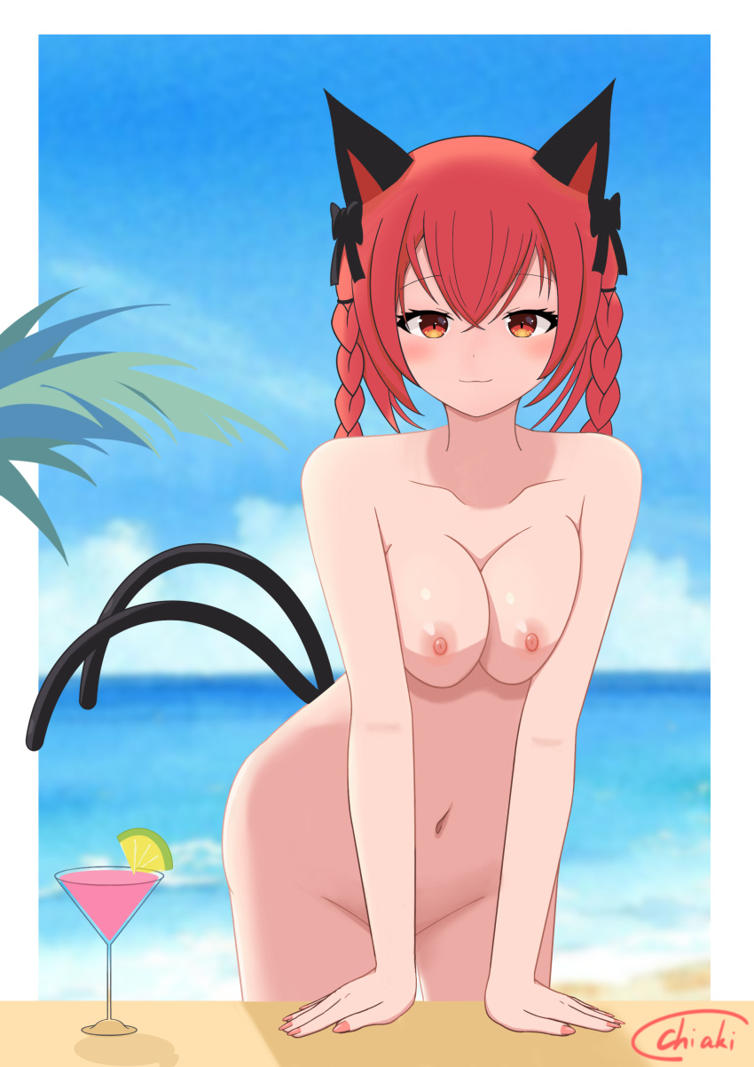 2_tails absurdres animal_ears blue_sky blurry blurry_background blush breasts cat_ears cat_girl cat_tail chiaki_koizumi cleavage closed_mouth cloud collarbone commentary completely_nude cup drinking_glass female highres kaenbyou_rin large_breasts looking_at_viewer medium_hair multi_tail navel nekomata nipples nude outdoors red_eyes red_hair signature sky solo tail tails touhou variant_set