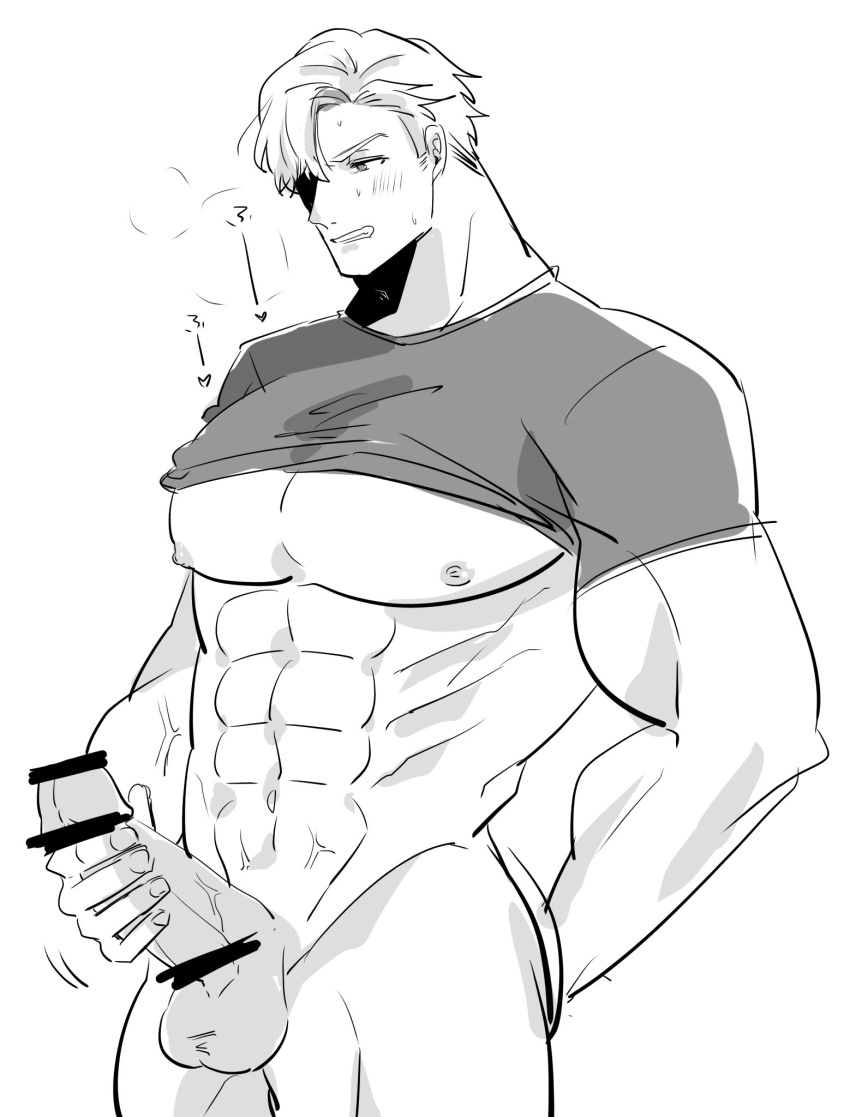 1boy 1male abs adult bara bara_tits big_penis blush censor_bar feet_out_of_frame hairless_male large_pectorals lewis_smith male male_nipples male_only masturbation monochrome muscular muscular_male ninjinpon3 nipples one_handed_masturbation pecs pectorals solo solo_male standing standing_male standing_masturbation stroking_penis testicles veins veiny_penis yuuki_bakuhatsu_bang_bravern