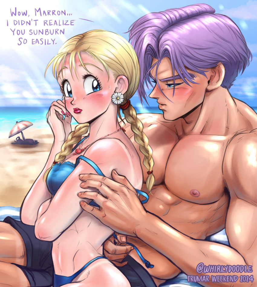 1boy1girl beach bikini blonde_hair blue_bikini blue_eyes braided_hair braided_twintails dragon_ball earrings english_text exposed_shoulders flower_earrings light-skinned_female light-skinned_male light_skin lipstick marron muscular_male purple_hair red_fingernails sunburn trunks_briefs twitter_username whirlydoodle