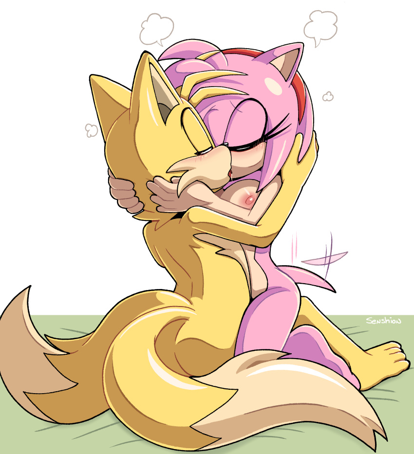 1boy 1girls 2_tails 2d 2d_(artwork) 2d_artwork aged_up amy_rose bed breasts closed_eyes diadem eyelashes female flushed flushed_face kissing male medium_breasts multi_tail pink_areola pink_fur pink_nipples png sega senshion sonic_(series) sonic_the_hedgehog_(series) steam steaming_body tails tails_the_fox tailwag transparent_background two_tone_fur yellow_fur