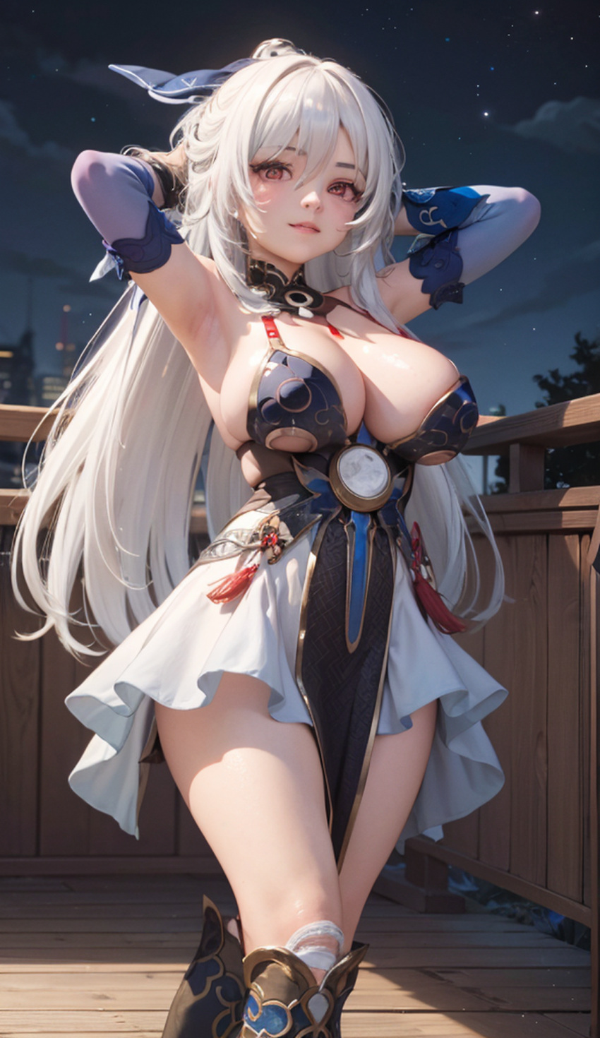 1girls ai_generated armpits arms_up bare_shoulders big_breasts blush boots cleavage clothing cortezian_generations dress female gloves hard_nipples hi_res honkai:_star_rail honkai_(series) hoyoverse jingliu_(honkai:_star_rail) long_hair mihoyo night_sky no_blindfold patreon solo stars thick_thighs thighs white_hair