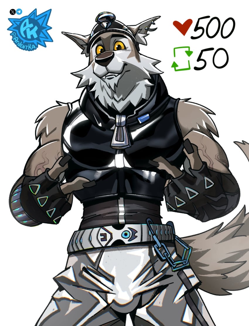 1boy anthro anthro_only ardentka biceps bulge ear_piercing ear_ring fingerless_gloves fortnite furry grey_body grey_fur male male_only painted_nails pecs shiny_clothes shorts strip_game tank_top twitter_strip_game_(meme) veiny wendell_(fortnite) wolf