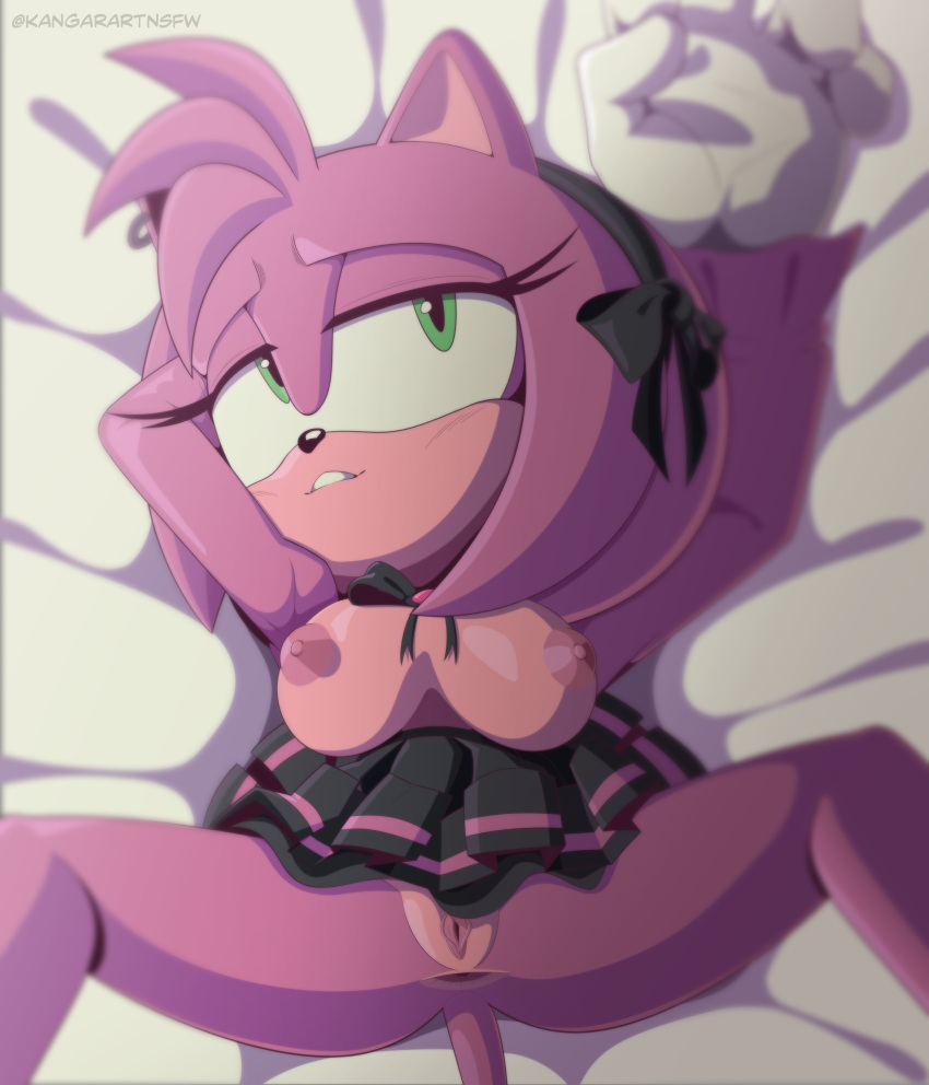 2d 2d_(artwork) 2d_artwork amy_rose anus areola background bed_sheet bed_sheets big_breasts big_breasts black_bow black_nose black_skirt clothed_sex clothes_lift clothing diadem exposed_breasts exposed_pussy eyelashes flushed flushed_face gloves green_eyes half-closed_eyes kangarart lips nipples pink_areola pink_fur pink_nipples pussy pussy_exposed pussy_lips sega skirt skirt_lift sonic_(series) sonic_the_hedgehog_(series) vagina