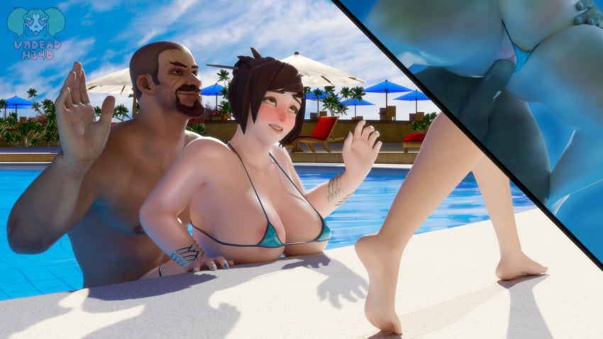 1boy 1girls 1other 3d big_breasts bikini bikini_aside blender blush brown_eyes brown_hair chubby chubby_female feet latino_male male mei_(overwatch) micro_bikini nervous nervous_smile overwatch overwatch_2 pool poolside public public_sex reaper sex stealth_sex undead_h34d underwater underwater_sex vaginal_penetration waving