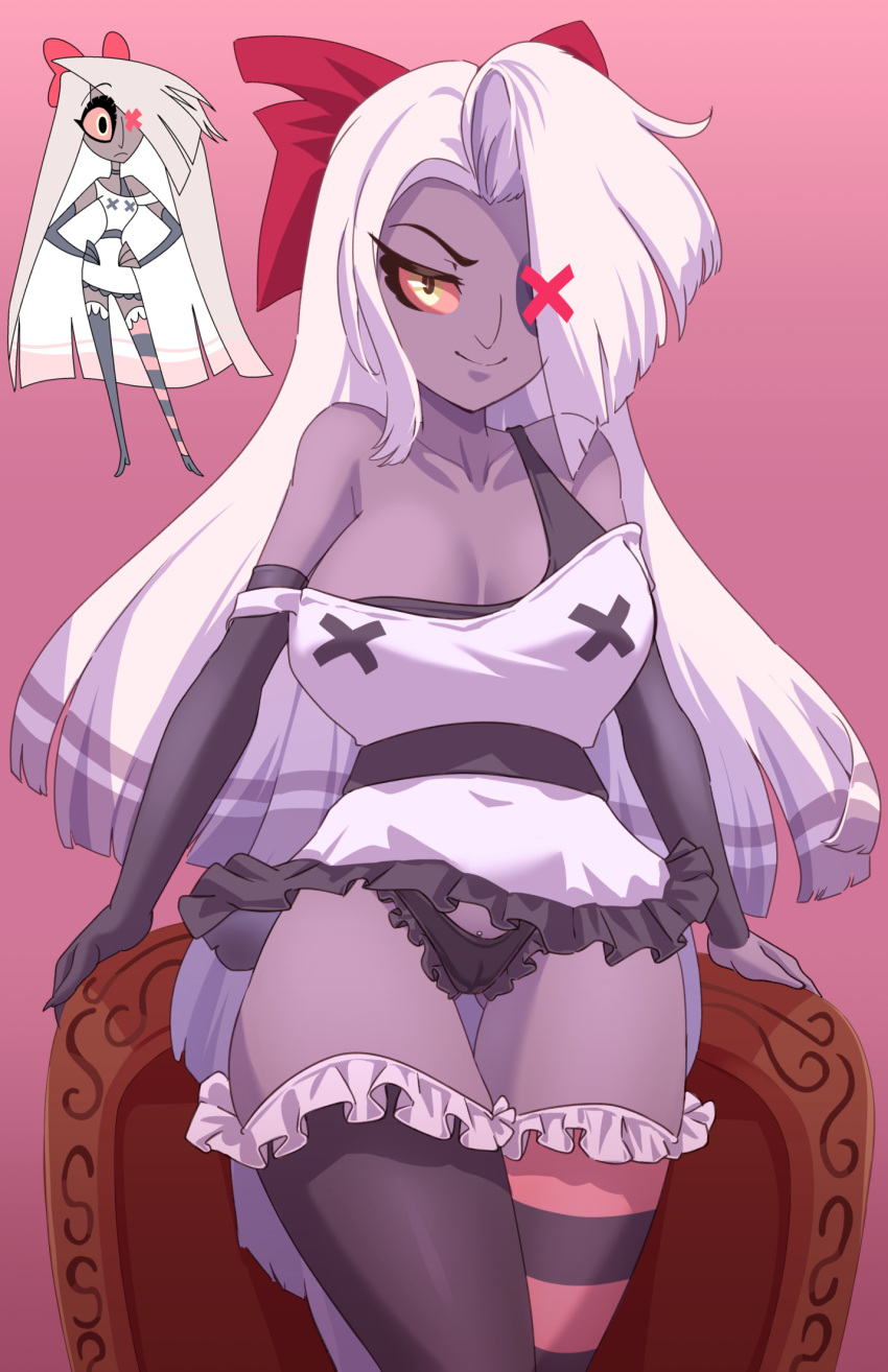 1girls 2024 bow breasts cameltoe cjhomics cleavage female female_only grey_skin hair_ornament hazbin_hotel highres large_breasts long_hair looking_at_viewer missing_eye panties solo vaggie_(hazbin_hotel) white_hair yellow_eyes