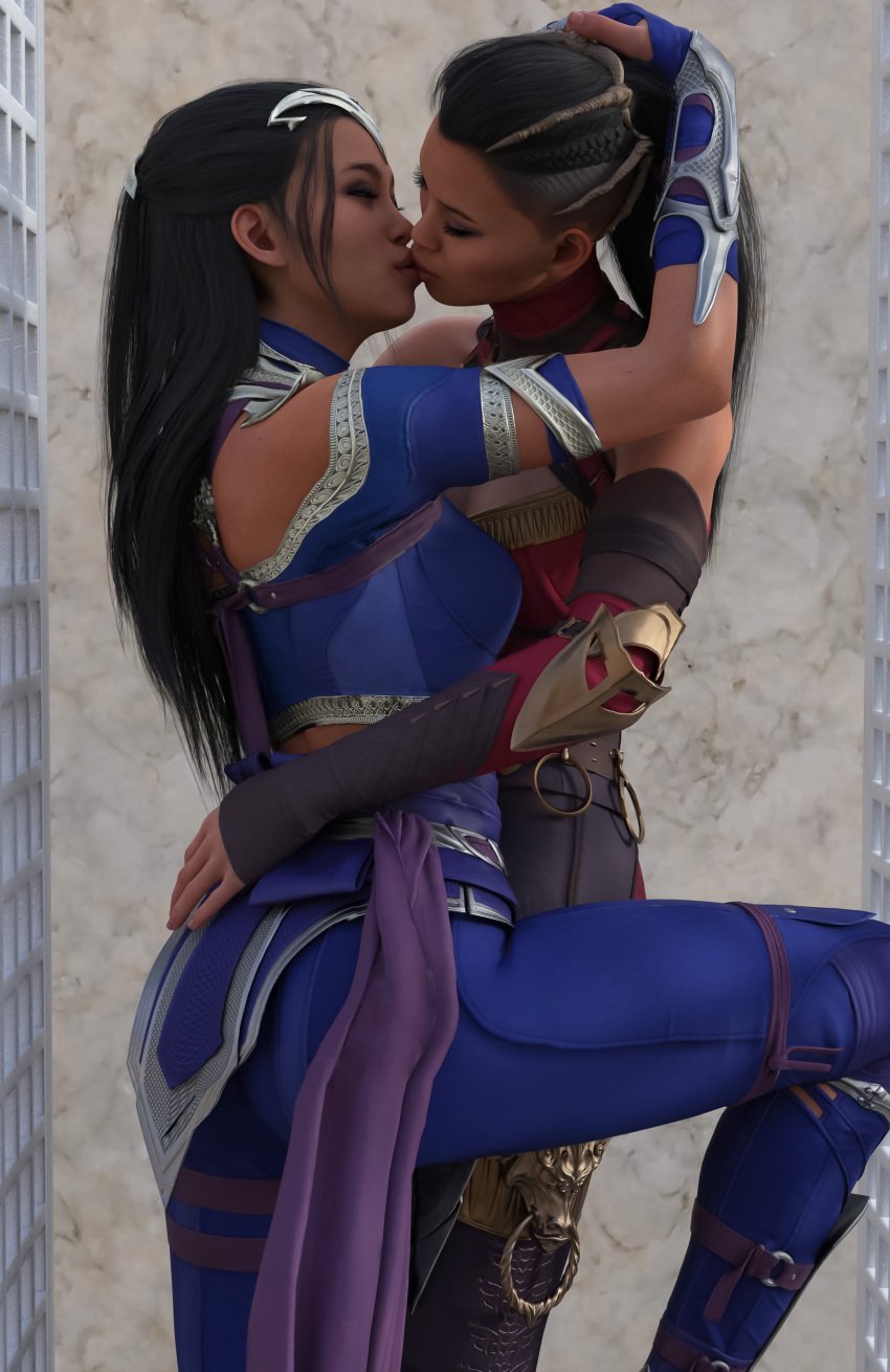 2girls 3d 3d_(artwork) black_hair closed_eyes edenian embrace female female_only fingerless_gloves full_body gentle hand_on_back head_tilt imminent_kiss incest incest_(lore) intimate kissing kitana kiteena legs long_hair mileena mortal_kombat mortal_kombat_1_(2023) princess pursed_lips rayalterego23 royalty sisters touching_lip twin_sisters twincest twins wrapped_around_another yuri