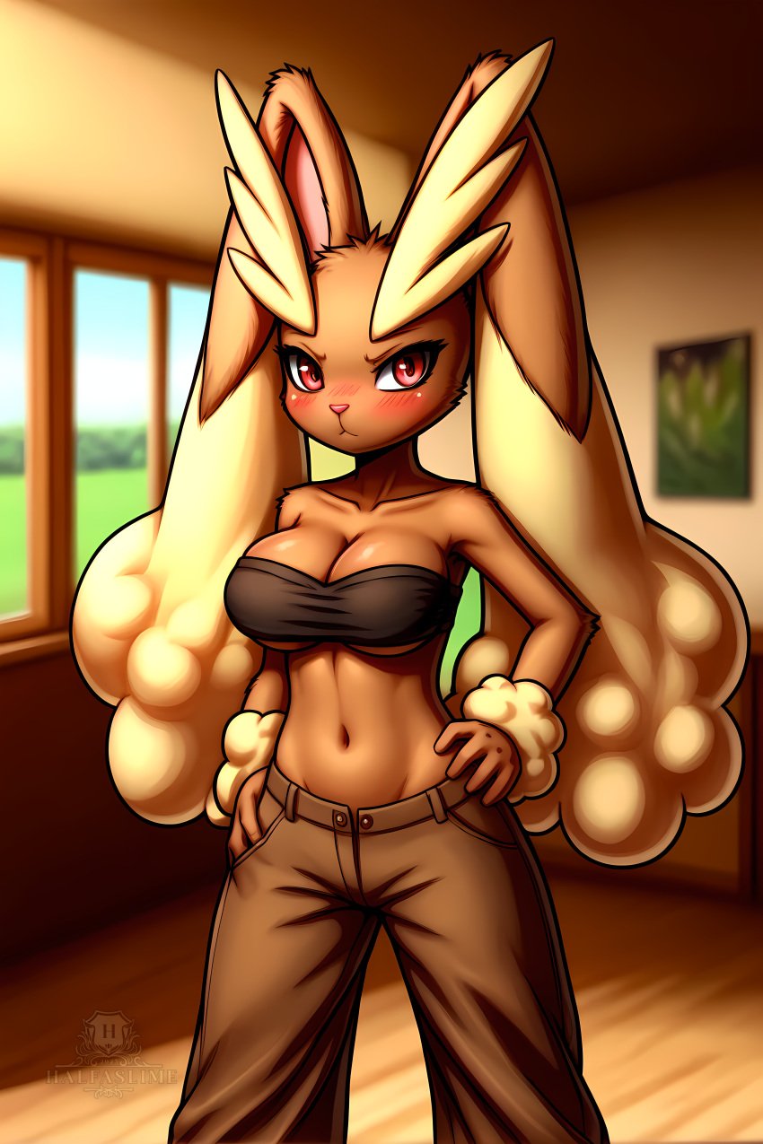 ai_generated anthro black_topwear blush breasts brown_fur brown_pants cleavage female halfaslime hand_on_hip lopunny pokémon_(species) pokemon pokemon_(species) red_eyes solo standing tubetop