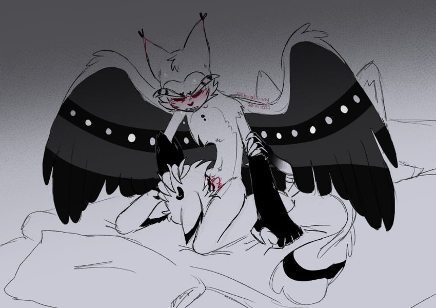 alastor_(hazbin_hotel) cat_humanoid closed_eyes facesitting gay hazbin_hotel homosexual husk_(hazbin_hotel) male/male male_only naughty_nebby nebulabunny open_mouth oral_sex sweating wings yaoi