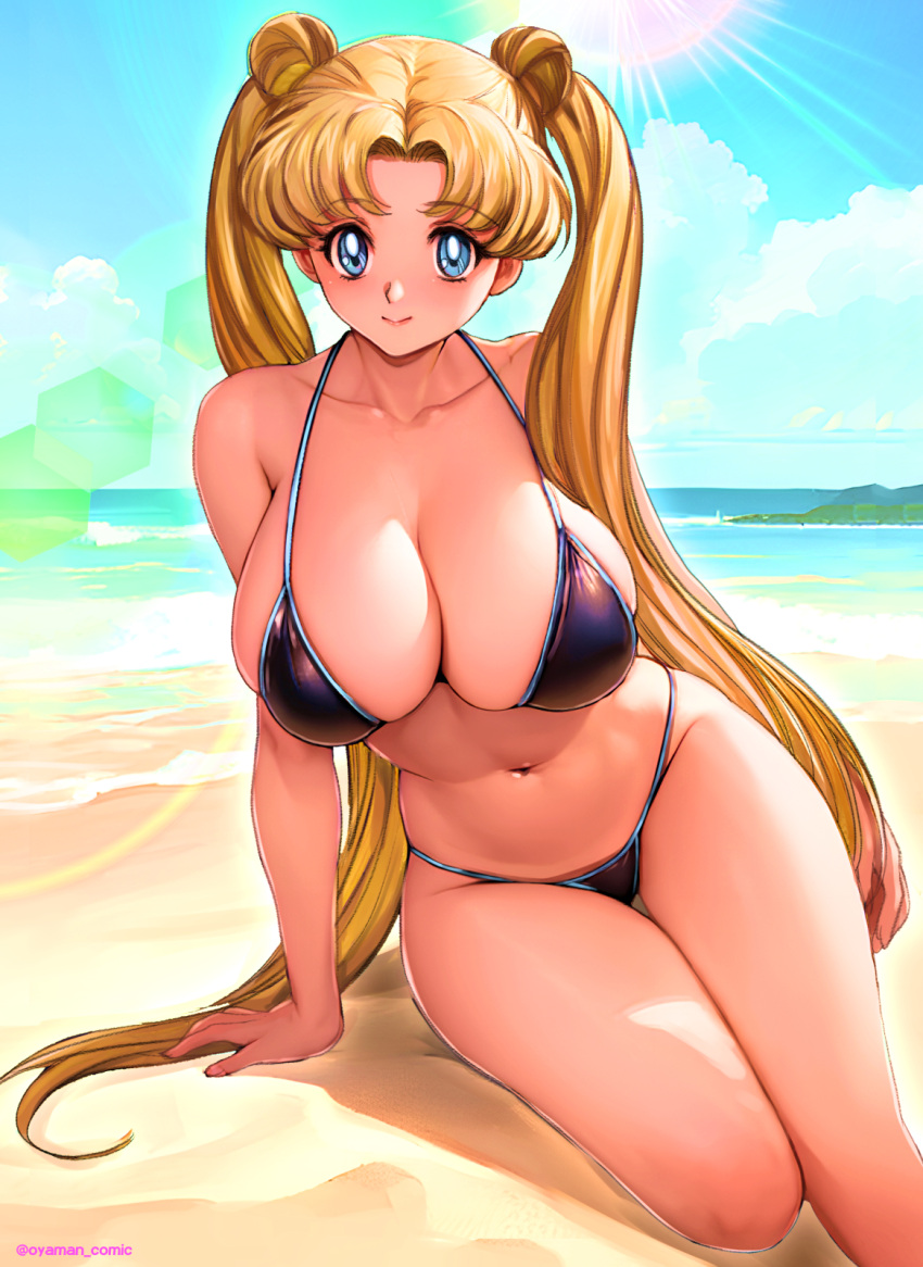 beach bikini bishoujo_senshi_sailor_moon blonde_hair blue_eyes cleavage huge_breasts large_breasts long_hair looking_at_viewer oyaman seaside swimsuit twintails usagi_tsukino voluptuous