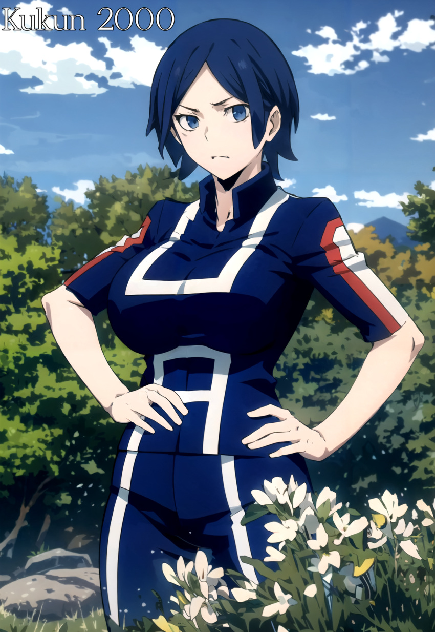 ai_generated blue_eyes blue_hair blue_sky cosplay devil_survivor_2 forest hands_on_hips kukun_2000 large_breasts looking_at_viewer mountain outside sako_makoto shin_megami_tensei short_hair u.a._gym_uniform upper_body