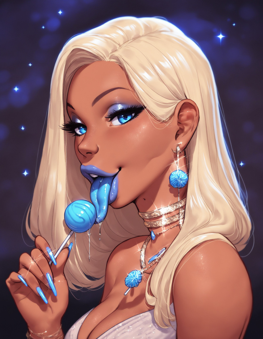 6_fingers ai_generated blonde blonde_hair blue_earrings blue_eyes blue_eyeshadow blue_lips blue_lipstick blue_nails blue_tongue earrings eyeshadow fellatrix_(style) ilikefrenchfries jewellery licking_lollipop lipstick lollipop neck_ring necklace saliva saliva_drip smile tagme tan tan_skin