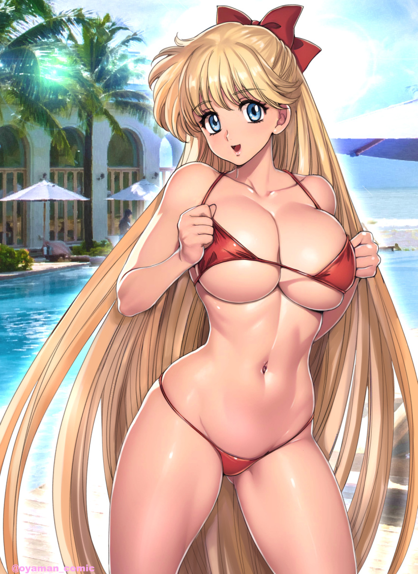 1girls athletic_female beach bikini bishoujo_senshi_sailor_moon blonde_hair blue_eyes bow cleavage fit_female hair_ribbon hourglass_figure huge_breasts large_breasts long_hair looking_at_viewer micro_bikini minako_aino oyaman seaside swimsuit voluptuous