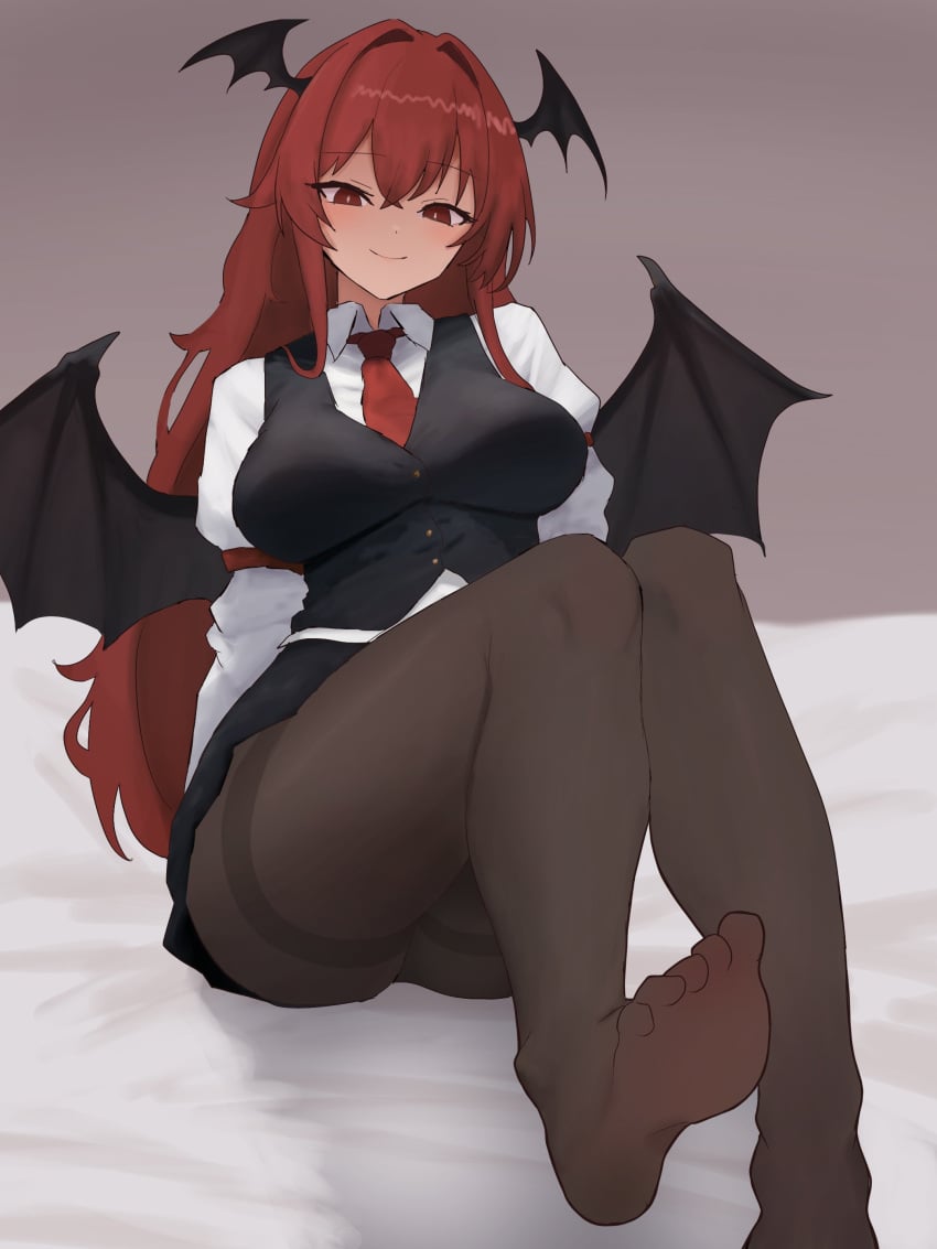 1girls 2d bat_wings blush clothed clothed_female feet feet_focus female koakuma long_hair looking_at_viewer lying lying_on_bed moriforest1040 necktie pantyhose red_eyes red_hair shirt skirt smile soles solo source succubus touhou vest wings