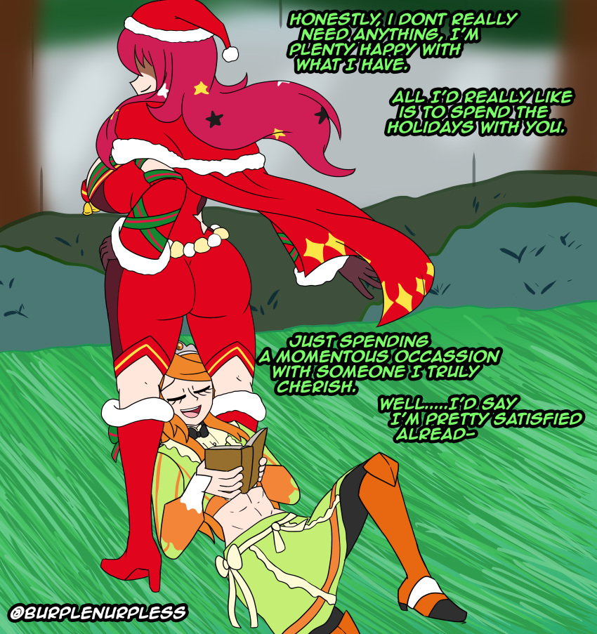 2girls abs alternate_costume ass assertive assertive_female back_view bodysuit book boots breasts burplenurpless bush cape christmas_tree closed_eyes english_text etie_(fire_emblem) facesitting facial_tattoo female female_only fire_emblem fire_emblem_engage fire_emblem_heroes gift gloves hair_ornament happy hat high_heels hourglass_figure imminent_facesitting large_ass large_breasts long_hair long_sleeves nintendo official_alternate_costume on_back orange_hair pantyhose pink_hair reading red_eyes red_hair reward santa_hat skirt small_breasts smile smug standing star star_(symbol) tattoo text thigh_boots tree very_long_hair wide_hips yunaka_(fire_emblem) yunaka_(fire_emblem)_(spirited_envoy) yuri