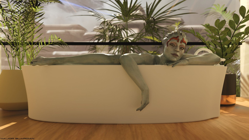 1girls 3d 3d_(artwork) alien alien_girl alien_humanoid artist_name asari bathtub bioware blue-skinned_female blue_body blue_skin electronic_arts female female_only foot hair_tentacles humanoid looking_at_viewer major_guardian mass_effect mass_effect_2 nude nude_female painted_nails pose posing samara smile smiling smiling_at_viewer solo video_game_character