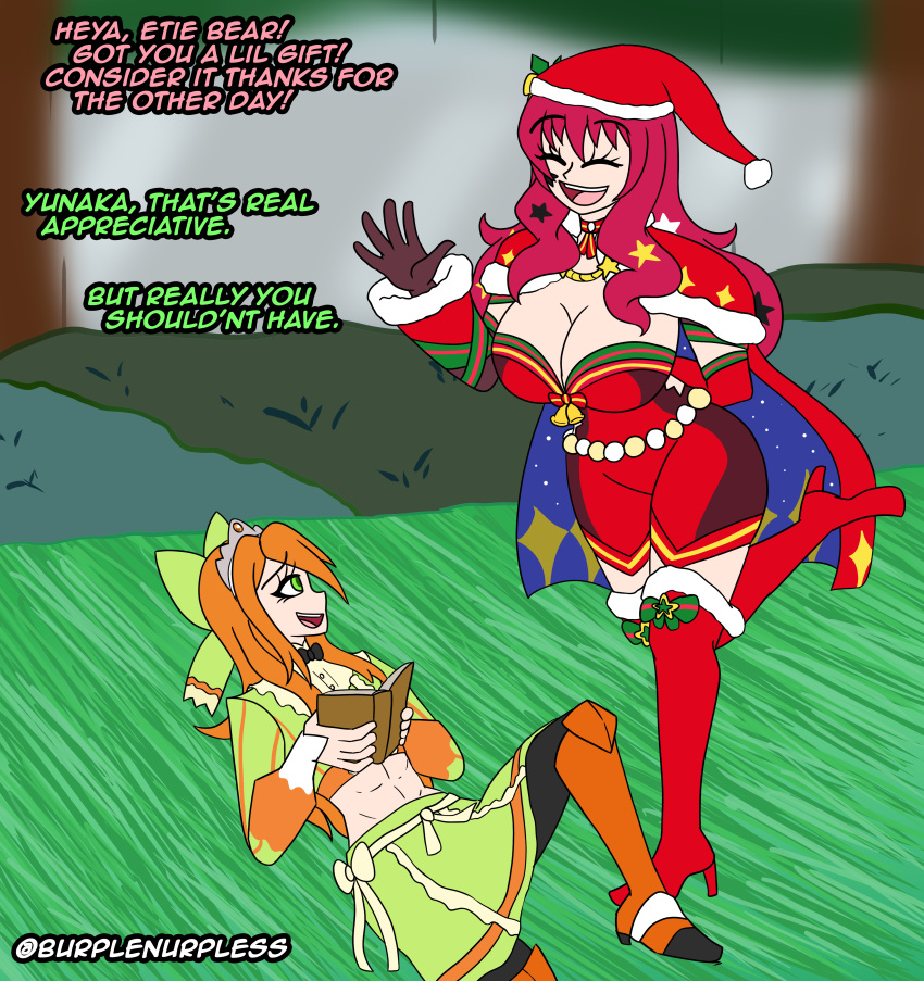 2girls abs alternate_costume assertive assertive_female bangs bodysuit book boots breasts burplenurpless bush cape choker christmas_tree cleavage closed_eyes english_text etie_(fire_emblem) facesitting facial_tattoo female female_only fire_emblem fire_emblem_engage fire_emblem_heroes gift gloves green_eyes hair_ornament happy hat high_heels hourglass_figure large_breasts leg_up long_hair long_sleeves nintendo official_alternate_costume on_back open_mouth orange_hair pantyhose pink_hair reading red_eyes red_hair reward santa_hat skirt small_breasts smile star star_(symbol) tattoo text thigh_boots tree very_long_hair waving wide_hips yunaka_(fire_emblem) yunaka_(fire_emblem)_(spirited_envoy) yuri