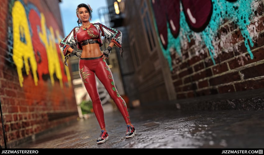 1girls 3d 3d_(artwork) azucena_milagros_ortiz_castillo bandai_namco bra dark-skinned_female dark_skin earrings feather_hair female female_only fit_female full_body hair_ornament jizzmasterzero latina looking_at_viewer namco peruvian_female pose short_hair smile sneakers solo standing stomach street tekken tekken_8 thick_thighs tight_pants wide_hips