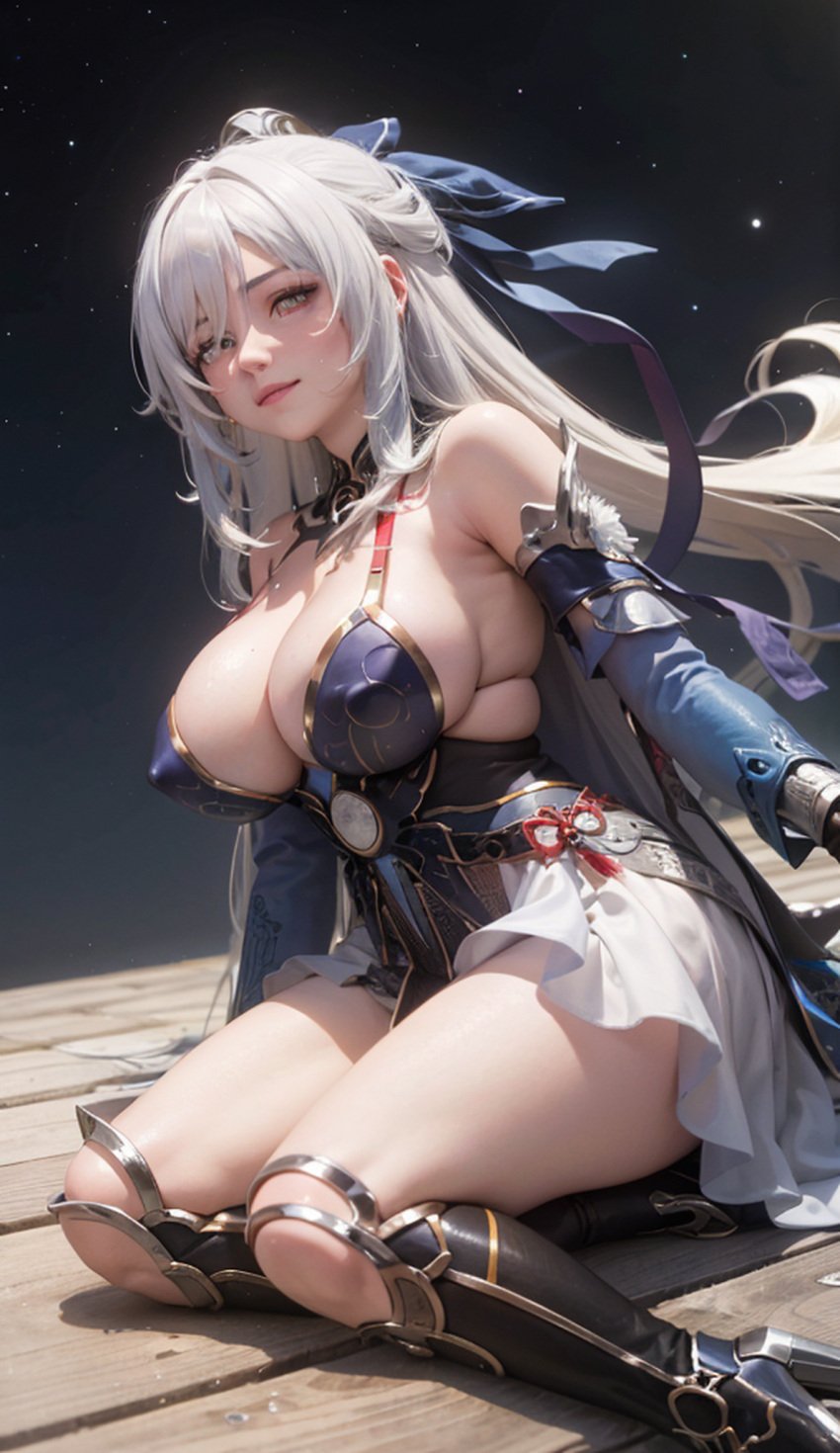 1girls ai_generated bare_shoulders big_breasts blush boots cleavage clothing cortezian_generations dress female gloves hard_nipples hi_res honkai:_star_rail honkai_(series) hoyoverse jingliu_(honkai:_star_rail) kneeling long_hair mihoyo night_sky no_blindfold patreon smile solo stars thick_thighs thighs white_hair