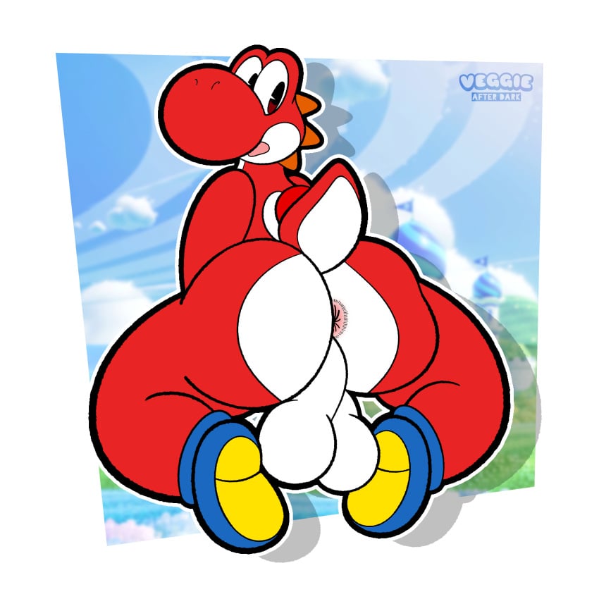 1:1 absurd_res anthro anthro_only anus ass backsack balls big_balls big_butt clothing dinosaur footwear footwear_only genitals hi_res kneeling looking_back male_only mario_(series) mostly_nude nintendo open_mouth pink_anus raised_tail red_body red_scales red_yoshi reptile scales scalie shoes shoes_only solo super_mario_bros._wonder tail thick_thighs veggieafterdark white_body white_scales wide_hips yoshi yoshi_(character)