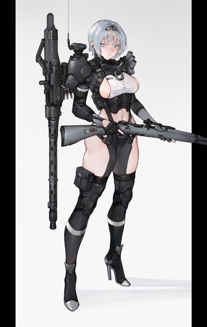 antenna blue_eyes female female_only fully_clothed gloves high_heels holding_weapon iuui knee_pads revealing_clothes sideboob skimpy_clothes stockings tagme tight_clothing white_background white_hair