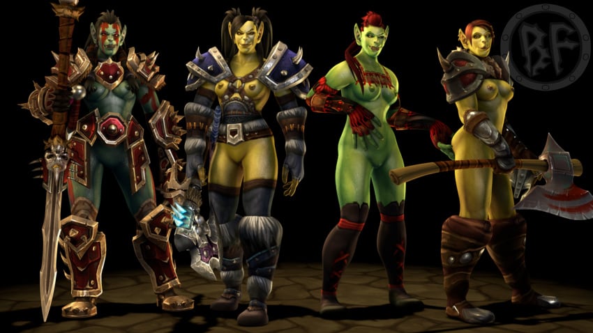 2022 3d 3d_(artwork) artist_logo ass_grab black_hair bodypaint breasts brother_fuzzman brown_hair female female_orc green_skin long_hair nude_female orc orc_female partially_clothed pierced_nipples red_hair short_hair tusks warcraft weapons world_of_warcraft