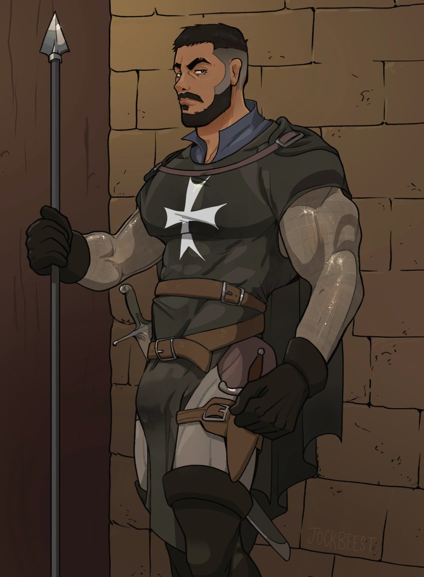 1boy bara barazoku beard bulge castlevania castlevania_(netflix) clothing facial_hair gay hairy jockbeest male male_focus male_only manly mizrak muscular_male precum precum_through_clothing solo solo_male tight_clothing yaoi