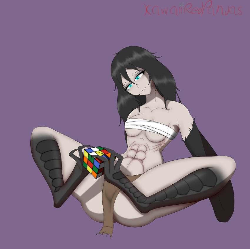 1girls abs bird_feet bird_legs black_feathers black_hair blue_eyes feathered_wings harpy kawaiiredpandas light_skin monster_girl muscular_female rubik's_cube sitting skimpy_clothes small_breasts solo talons thick_thighs winged_arms wings